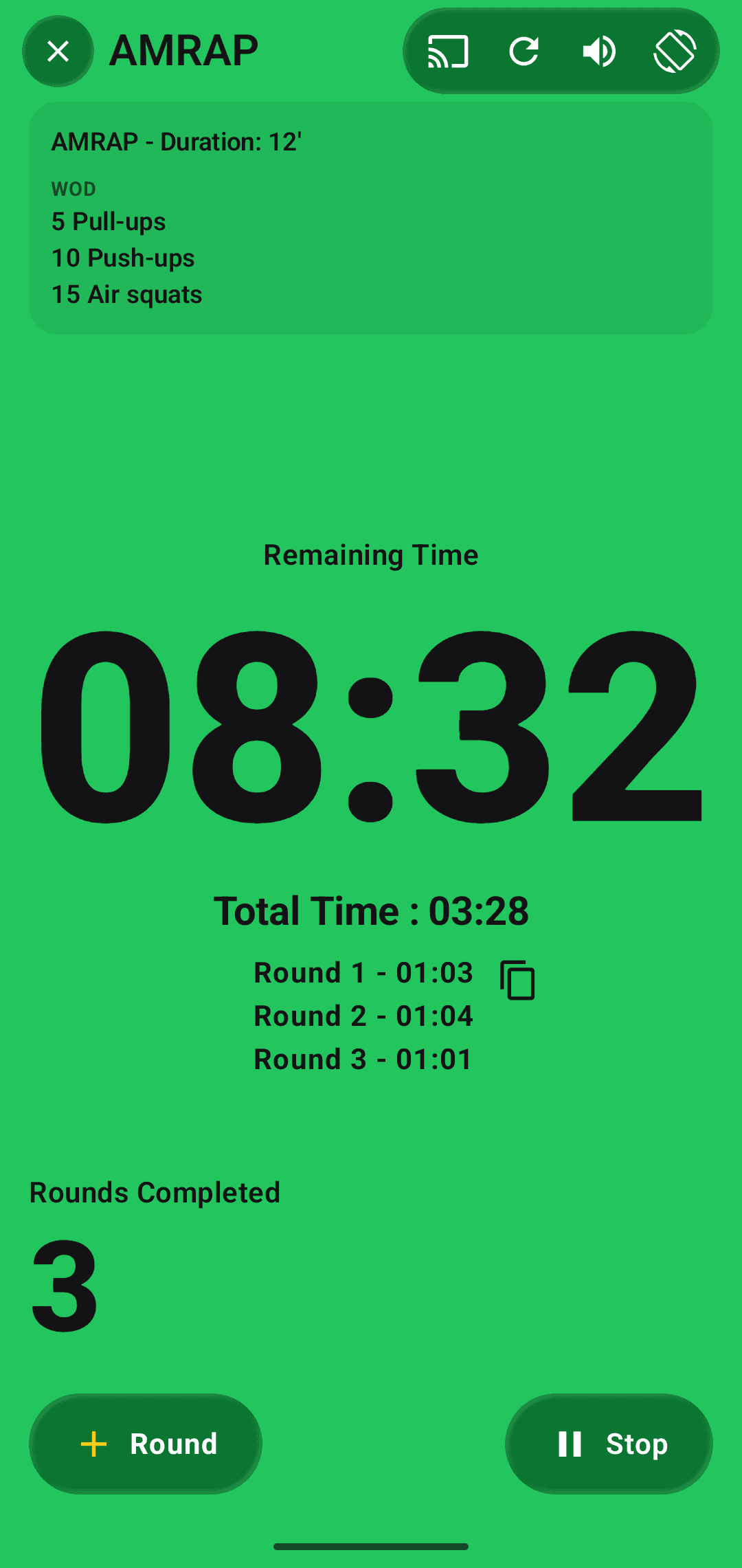 AMRAP timer running in Simple WOD Timer